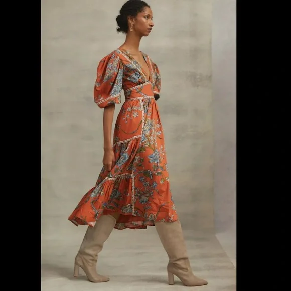 Anthropologie Love the Label Puffed Sleeves Orange Floral Tiered MIDI Dress XS - Picture 3 of 15